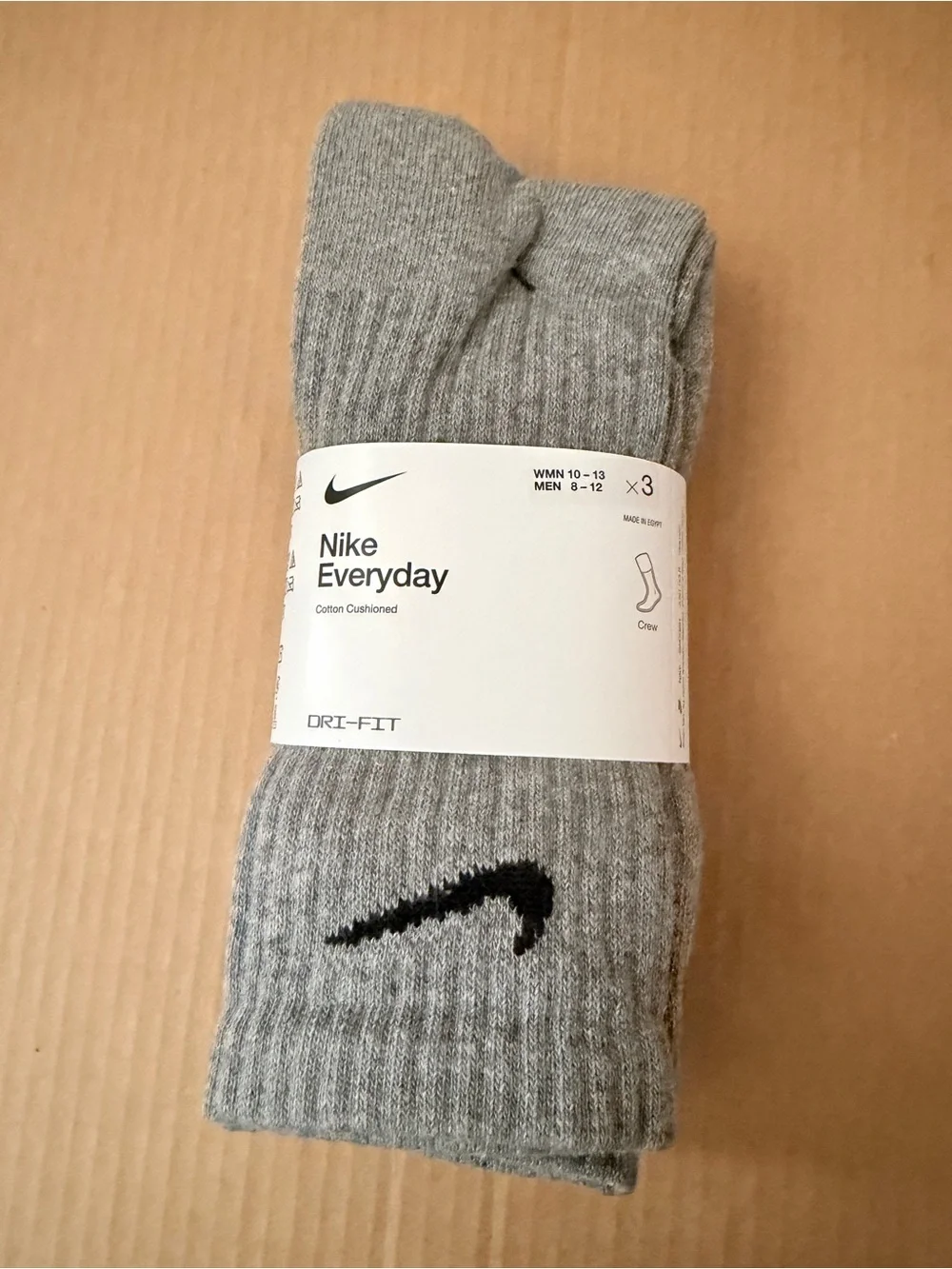 Nike Everyday Cotton Cushioned Dri- Fit Crew Socks 3 Pairs Gray Size L (8-12)